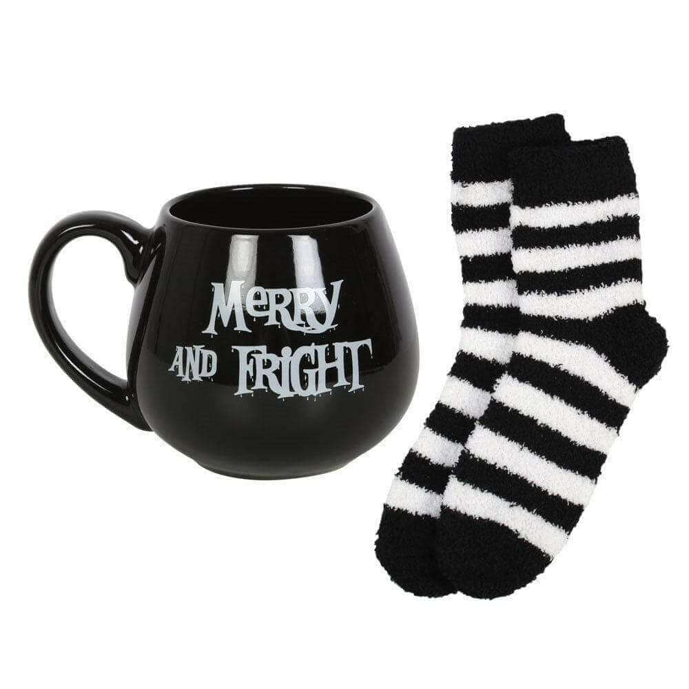 The Fashion Gift Shop: Merry and Fright Black Mug and Stripy Socks Gift Set by Spirit of equinox, Mugs and Cups