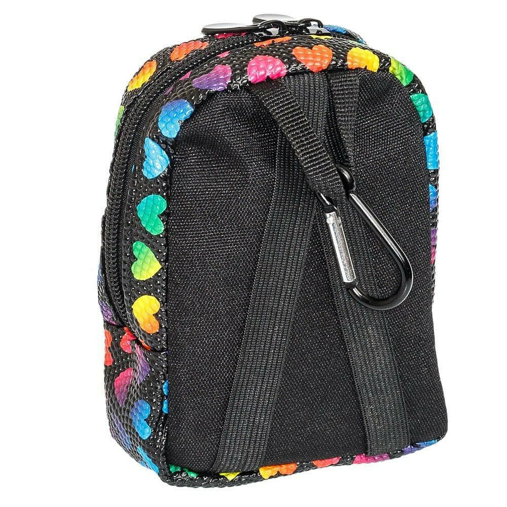 Mini backpack back view with carabiner clasp and black fabric panel, colorful heart trim