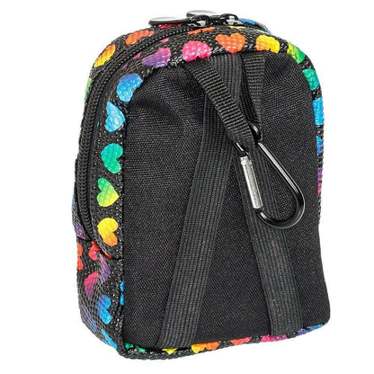 Mini backpack back view with carabiner clasp and black fabric panel, colorful heart trim