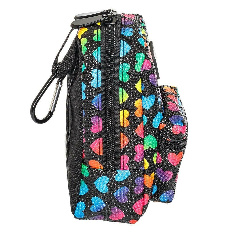 Mini backpack side view with tall zipper and black strap loop, colorful heart fabric