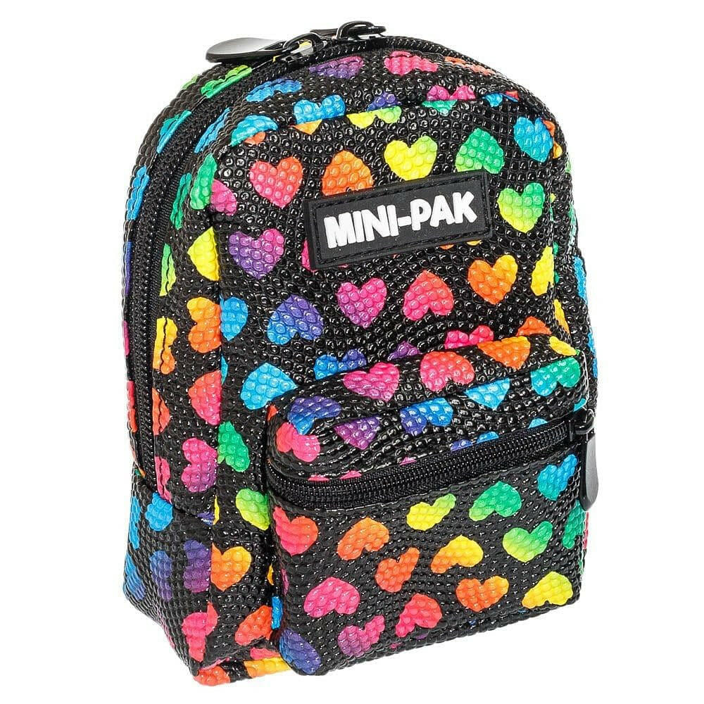 Mini backpack with black fabric and colorful hearts, top zipper and MINI-PAK label