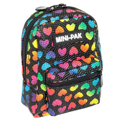 Mini backpack with black fabric and colorful hearts, top zipper and MINI-PAK label
