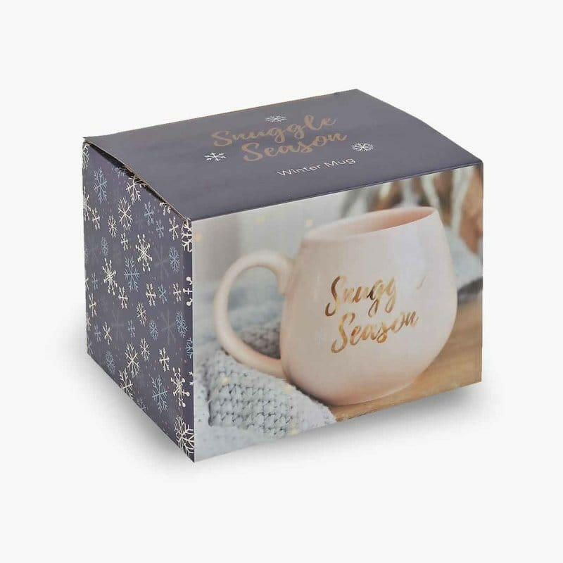 Mug gift box with dark snowflake pattern and photo of pink mug
