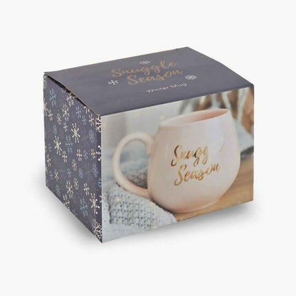 Mug gift box with dark snowflake pattern and photo of pink mug
