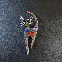 Rhinestone cat pin brooch with multicolor stones and red-blue eyes, silver tone