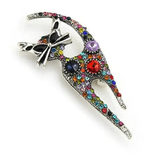 Multicolor rhinestone cat pin brooch with bow and dangling tail, silver tone