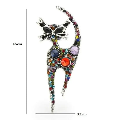Rhinestone cat pin brooch with multicolor stones, approx 7.5 cm length, silver tone