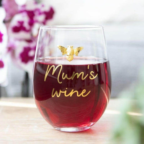 The Fashion Gift Shop: Mum's Wine Stemless Wine Glass with Gold Tone Bee Accent by Jones Home & Gifts, Stemless Wine Glass