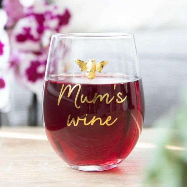 The Fashion Gift Shop: Mum's Wine Stemless Wine Glass with Gold Tone Bee Accent by Jones Home & Gifts, Stemless Wine Glass
