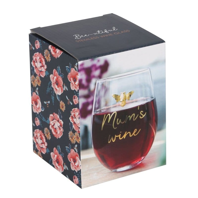 Mum's Wine Stemless Wine Glass with Gold Tone Bee Accent - Stemless Wine Glass by Jones Home & Gifts