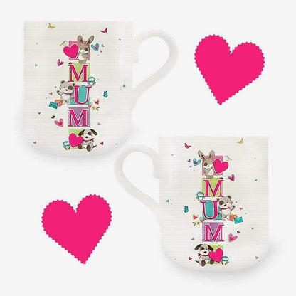 Set of Mothers Day mugs with cream “MUM” animal print and pink heart accents