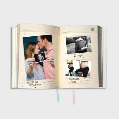 Baby years journal open to photo collage pages with small captions and cards