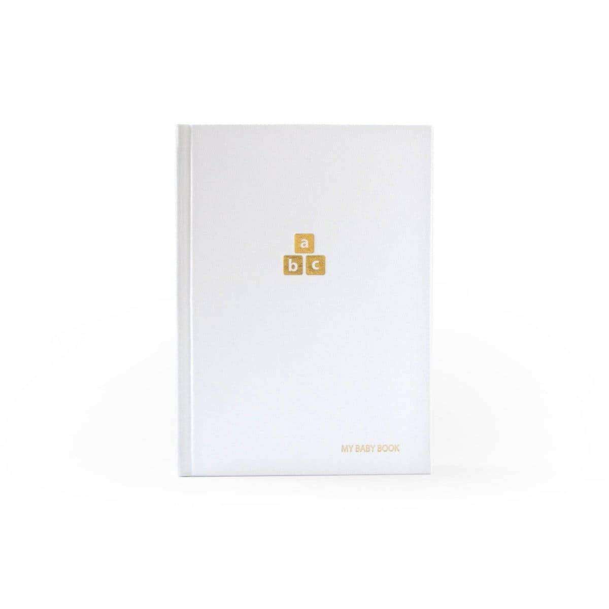 White baby journal with ABC block logo and small MY BABY BOOK text