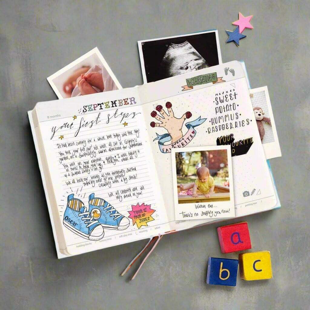 Baby years journal open to a September page with baby photos and milestone cards