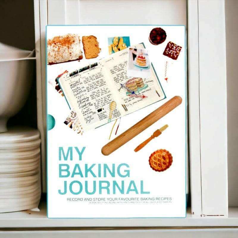 Baking journal book displayed on a shelf with the baking tools cover and title
