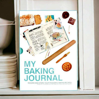 Baking journal book displayed on a shelf with the baking tools cover and title