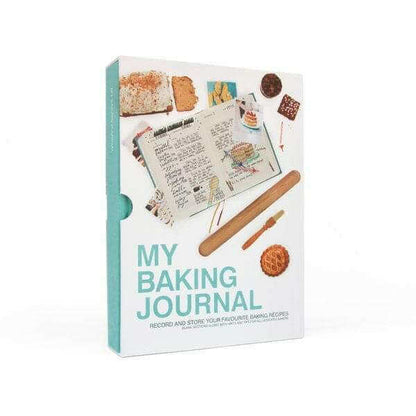 Baking journal book cover with teal title and illustrated baking recipe pages