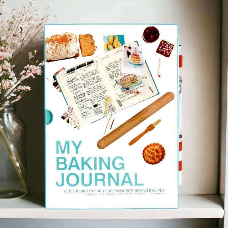 Baking journal book front cover with baking tools, cake images, and recipe text
