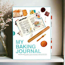 Baking journal book front cover with baking tools, cake images, and recipe text
