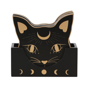 Mystic Mog Cat Face Crescent Moon Coaster Set of 4 Coaster with Holder - Tea Coasters by Spirit of equinox