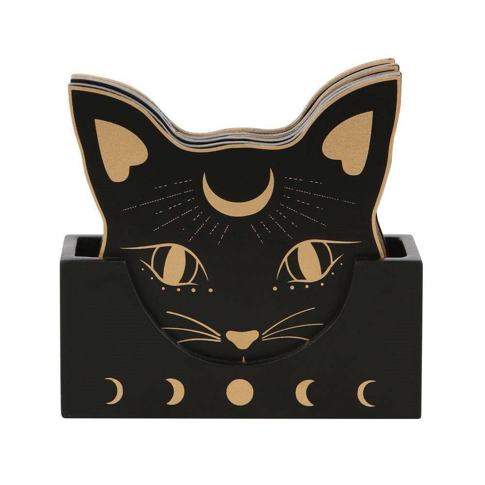 Mystic Mog Cat Face Crescent Moon Coaster Set of 4 - The Fashion Gift Shop Tea Coasters