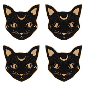 Mystic Mog Cat Face Crescent Moon Coaster Set of 4 Coaster with Holder - Tea Coasters by Spirit of equinox