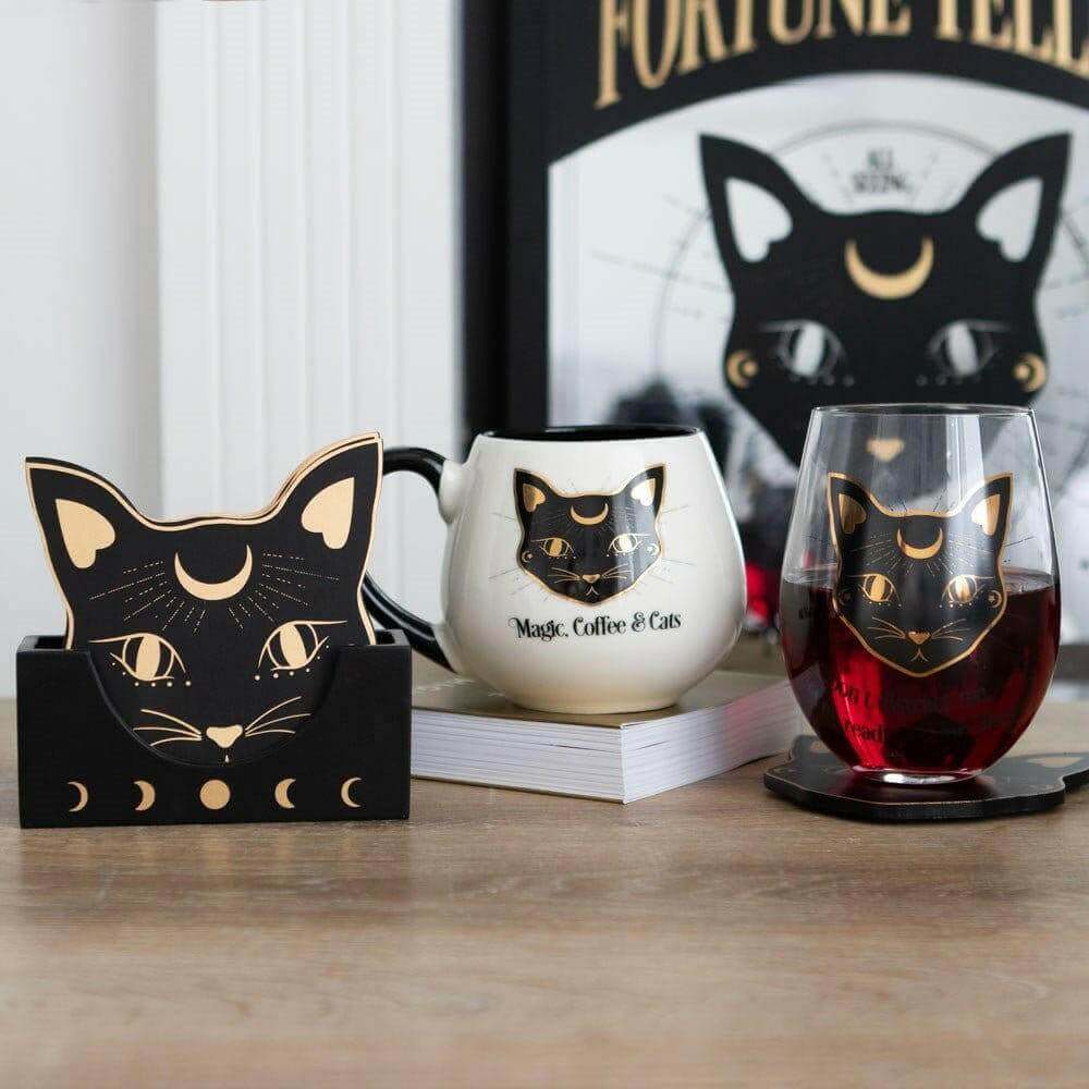 Mystic Mog Cat Face Crescent Moon Coaster Set of 4 - The Fashion Gift Shop Tea Coasters