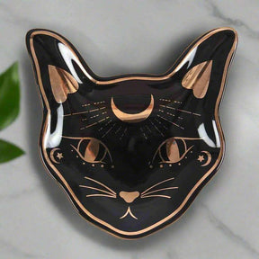 Mystic Mog Cat Face Trinket Dish Black With Gold Accent by Spirit of equinox