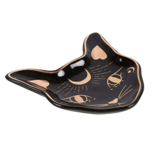 Mystic Mog Cat Face Trinket Dish Black With Gold Accent - The Fashion Gift Shop Jewellery Dish