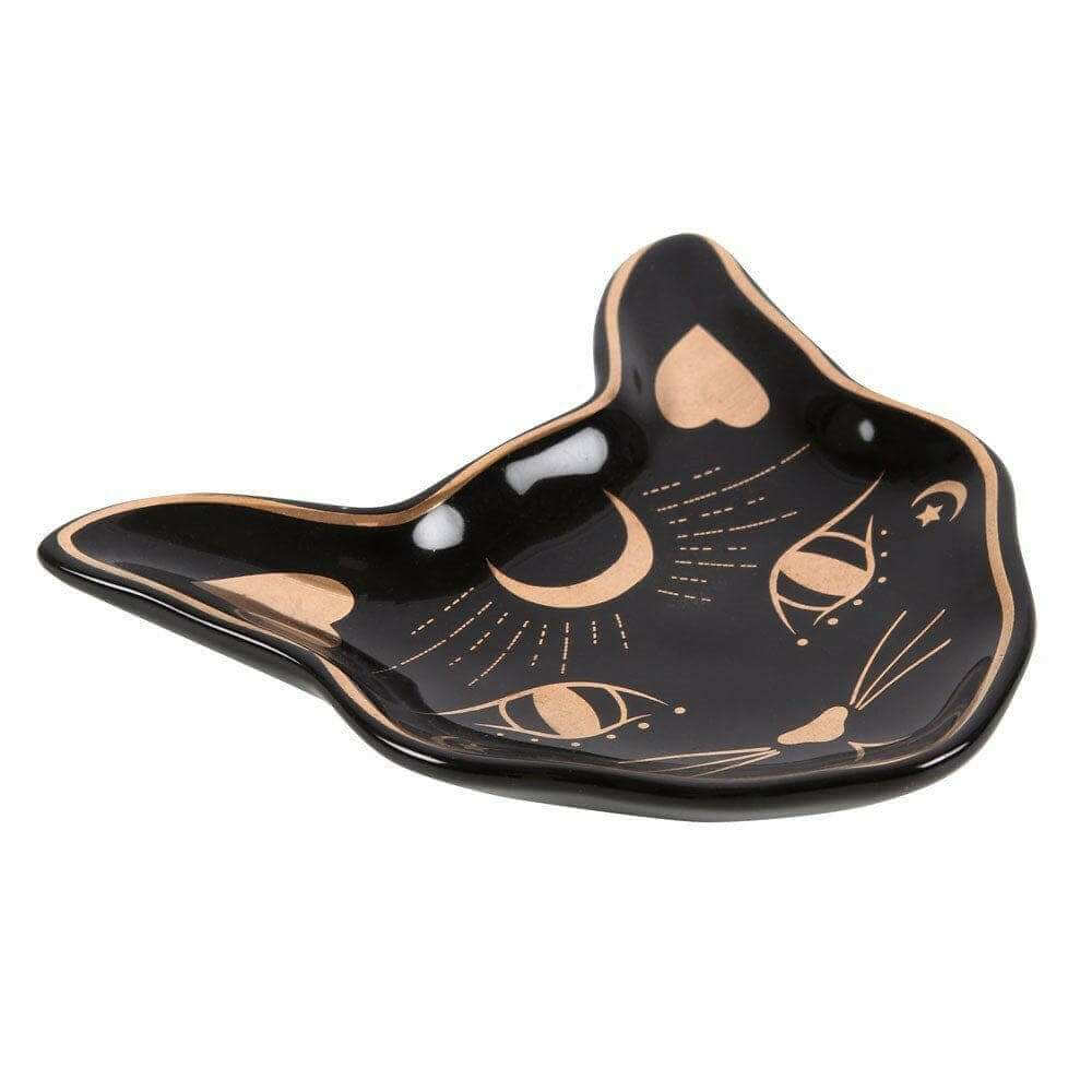 Mystic Mog Cat Face Trinket Dish Black With Gold Accent by Spirit of equinox
