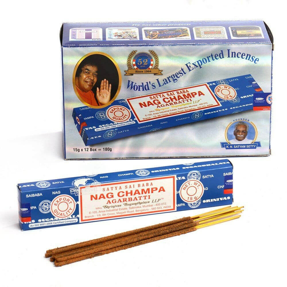 Satya Nag Champa incense sticks with cardboard box packaging and brown sticks