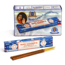 Satya Nag Champa incense sticks with cardboard box packaging and brown sticks