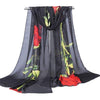 New Chiffon Summer Scarf Large Black White Red Floral Wrap Shawl - Black and Red