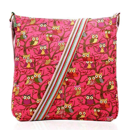 New Girls Ladies Canvas Shoulder Bag Owl Pink Print School Handbag - Handbags by Acess London