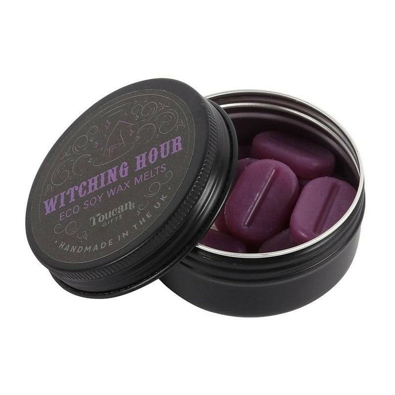 Round tin of eco soy wax melts with purple wax pieces and black screw-top lid
