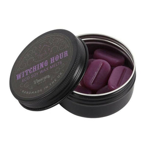 Round tin of eco soy wax melts with purple wax pieces and black screw-top lid