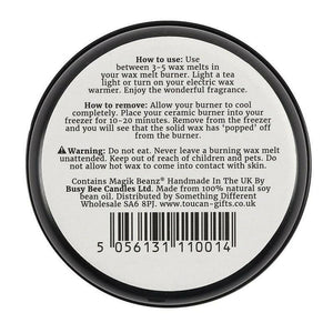 Back of eco soy wax melt tin with use instructions, ingredients, and barcode