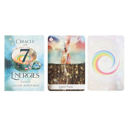 Oracle of the 7 Energies oracle cards laid out: box cover card plus two energy cards