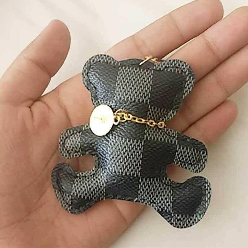Patchwork teddy bear bag charm keyring with gray-and-black check fabric and gold chain