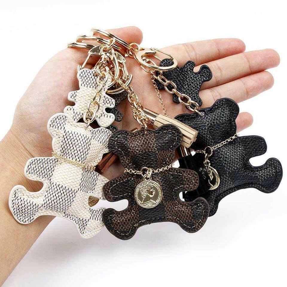 Patchwork teddy bear bag charm keyring with dark and light brown bear shapes and chains