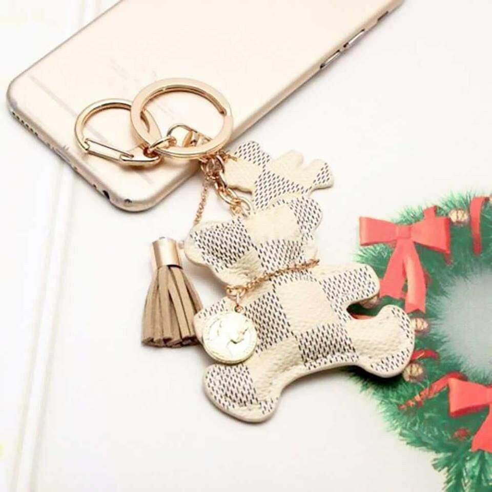Patchwork teddy bear bag charm keyring with check pattern bear, gold ring, tassel, and coin