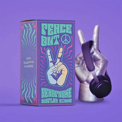 Colorful gift box packaging with peace symbol and hand icon