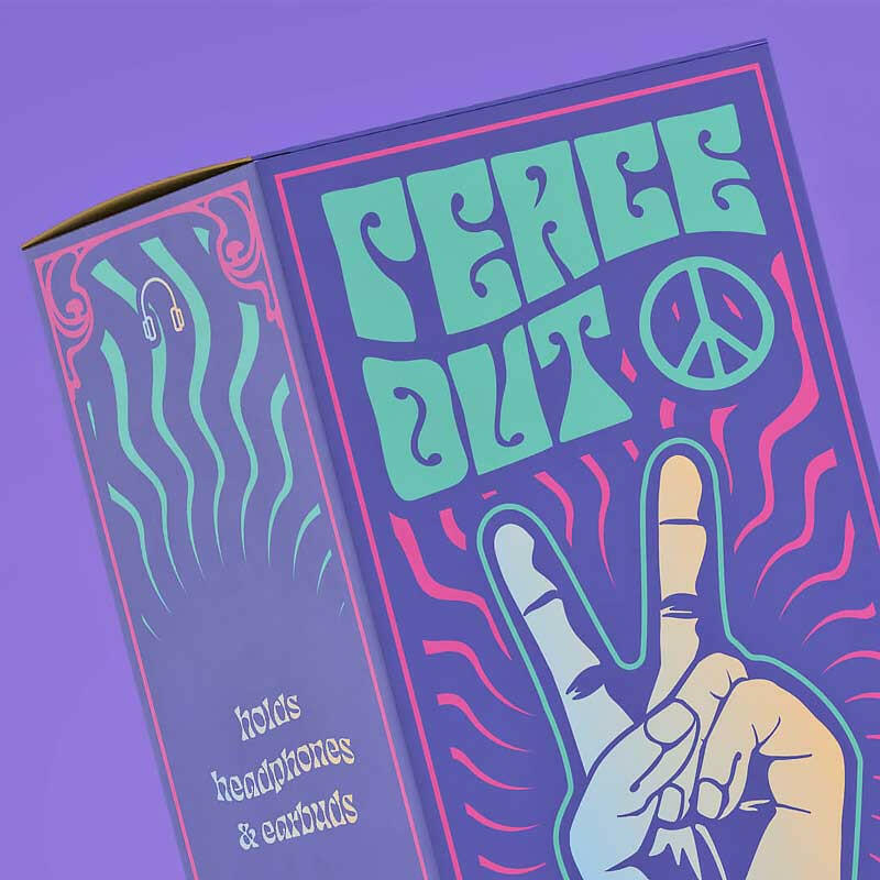 Colorful gift box with peace-themed graphics for headphone stand