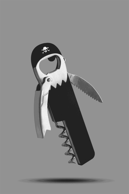 Pirate waiter’s friend bottle opener and corkscrew with black cover and silver blades.