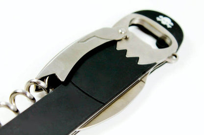 Pirate waiter’s friend corkscrew and bottle opener with black strap and silver head.