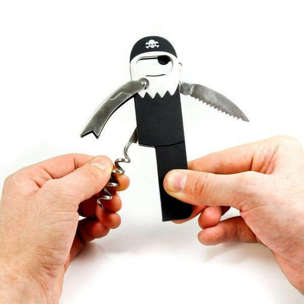 Pirate-themed waiter’s friend bottle opener and corkscrew tool, black and silver.