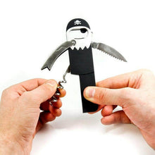 Pirate-themed waiter’s friend bottle opener and corkscrew tool, black and silver.