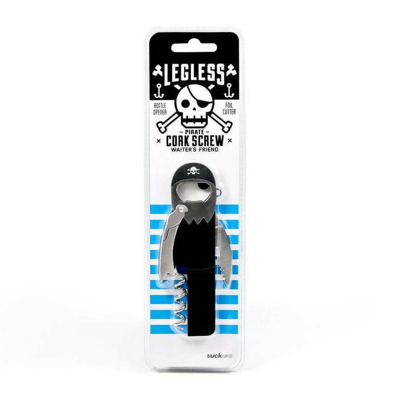 Retail package showing pirate corkscrew and bottle opener tool with black handle.