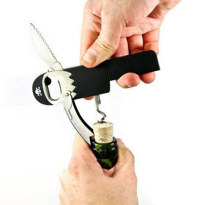 Pirate corkscrew tool in use: black handle with metal cork pull.