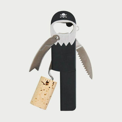 Pirate waiter’s friend bottle opener and corkscrew with black body and silver pirate face.
